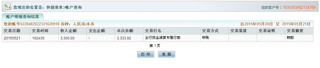 5月22日寧波客戶(hù)匯款3300元至農(nóng)行卡